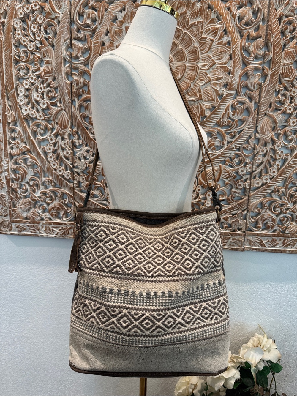 Myra Bag Boho Beige & Brown, Cowhide, Cotton, Leather, Crossbody Bag/ Purse - Picture 2 of 12